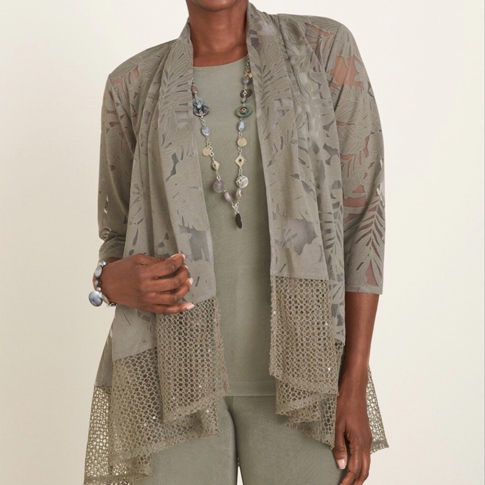 Travelers Collection Petite Kimono Burnout Jacket Sz 2 Sage Green